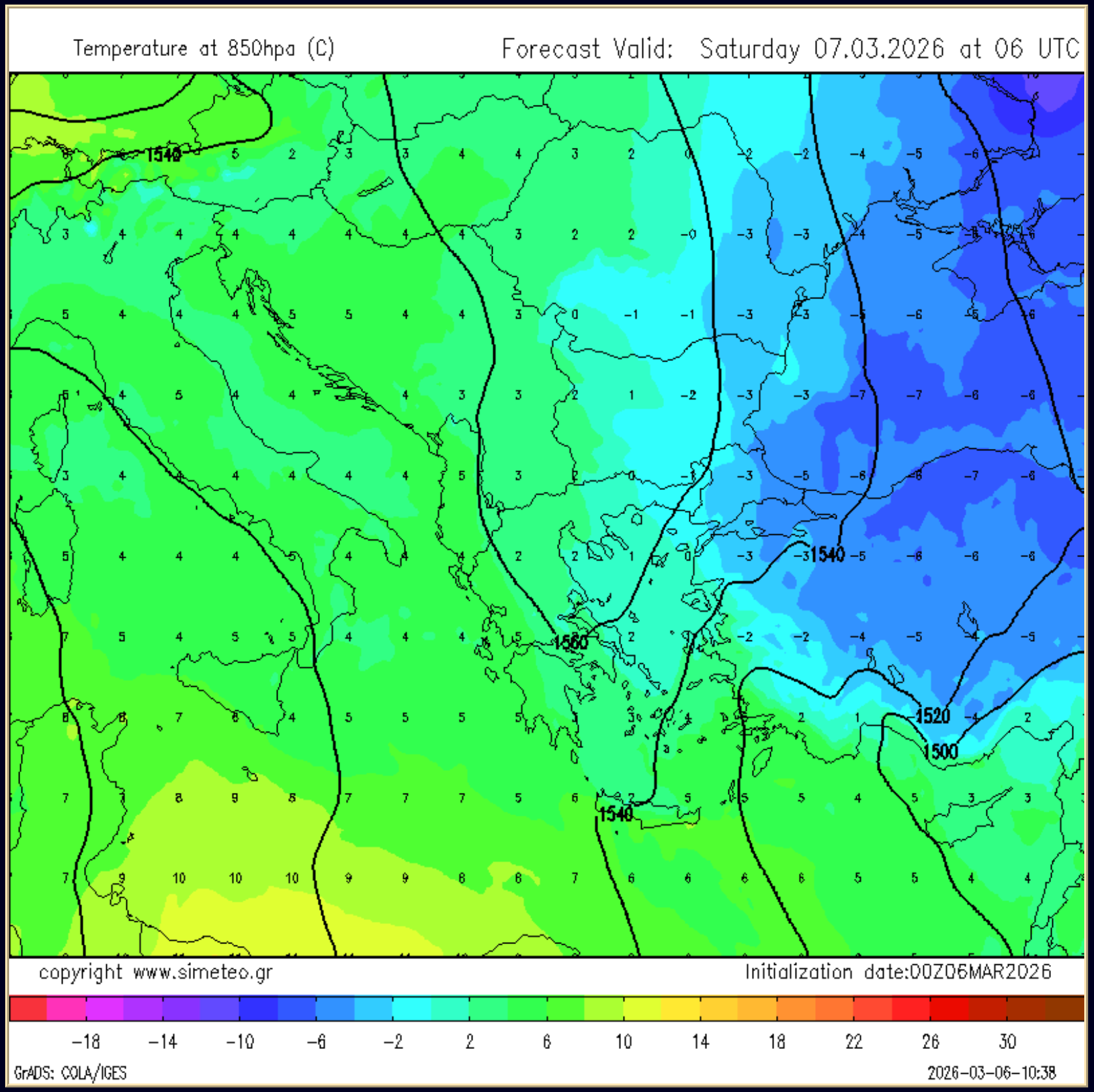 Εικ.2 - Γεωδυναμικό ύψος και θερμοκρασία στην στάθμη αναφοράς των 850hpa σύμφωνα με το SiWRF για το πρωί του Σαββάτου (6/3) όπου αποτυπώνεται χαρακτηριστικά ή επικράτηση ψυχρών αερίων μαζών στην Μαύρη Θάλασσα και την Τουρκία.