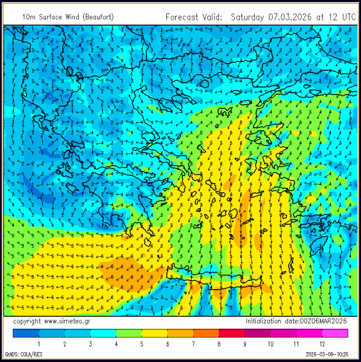Εικ.3 - Άνεμοι σύμφωνα με το ελλαδικό SiWRF για το μεσημέρι του Σαββάτου (7/3) όπου αποτυπώνεται επικράτηση ισχυρών βορείων - βορειοανατολικών ανέμων στην ευρύτερη περιοχή του Αιγαίου.