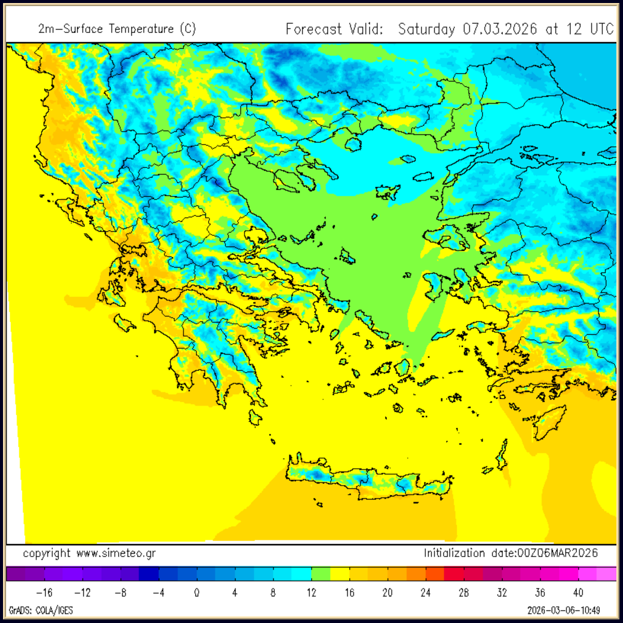 Εικ.4 - Θερμοκρασία αέρα σε ύψος 2μ. από το έδαφος σύμφωνα με το ελλαδικό SiWRF-temp (ανάλυση 1km) για το μεσημέρι του Σαββάτου (7/3) όπου αποτυπώνεται η μεγάλη διαφοράς μεταξύ δυτικής και ανατολικής Ελλάδας.